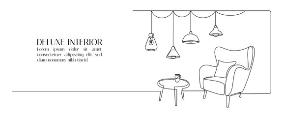 Poster - One continuous line drawing of armchair and hanging lamp. Modern loft furniture for living room interior in simple linear style. Editable stroke. Doodle Vector illustration