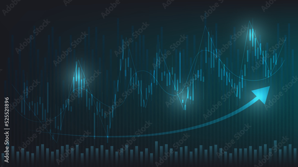economy situation concept. Financial business statistics with bar graph and candlestick chart show stock market price and currency exchange on dark green background