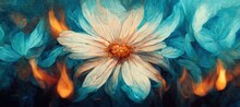 Ethereal Surreal Daisy Flowers Art In Lovely Ice Blue Cold Fusion Colors, Flowing Fiery Background Bokeh Blur. Unique And Sublime Blooming Spring Vibes.   