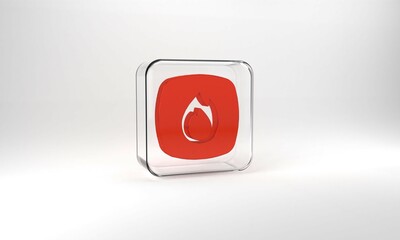 Canvas Print - Red Fire flame icon isolated on grey background. Glass square button. 3d illustration 3D render