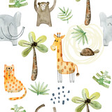 Fototapeta Pokój dzieciecy - Watercolor seamless pattern with hand drawn animals. Exotic wallpaper for fabric, wrapping paper , etc
