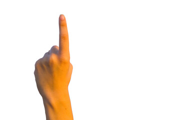 Showing number one gesture on transparent background.