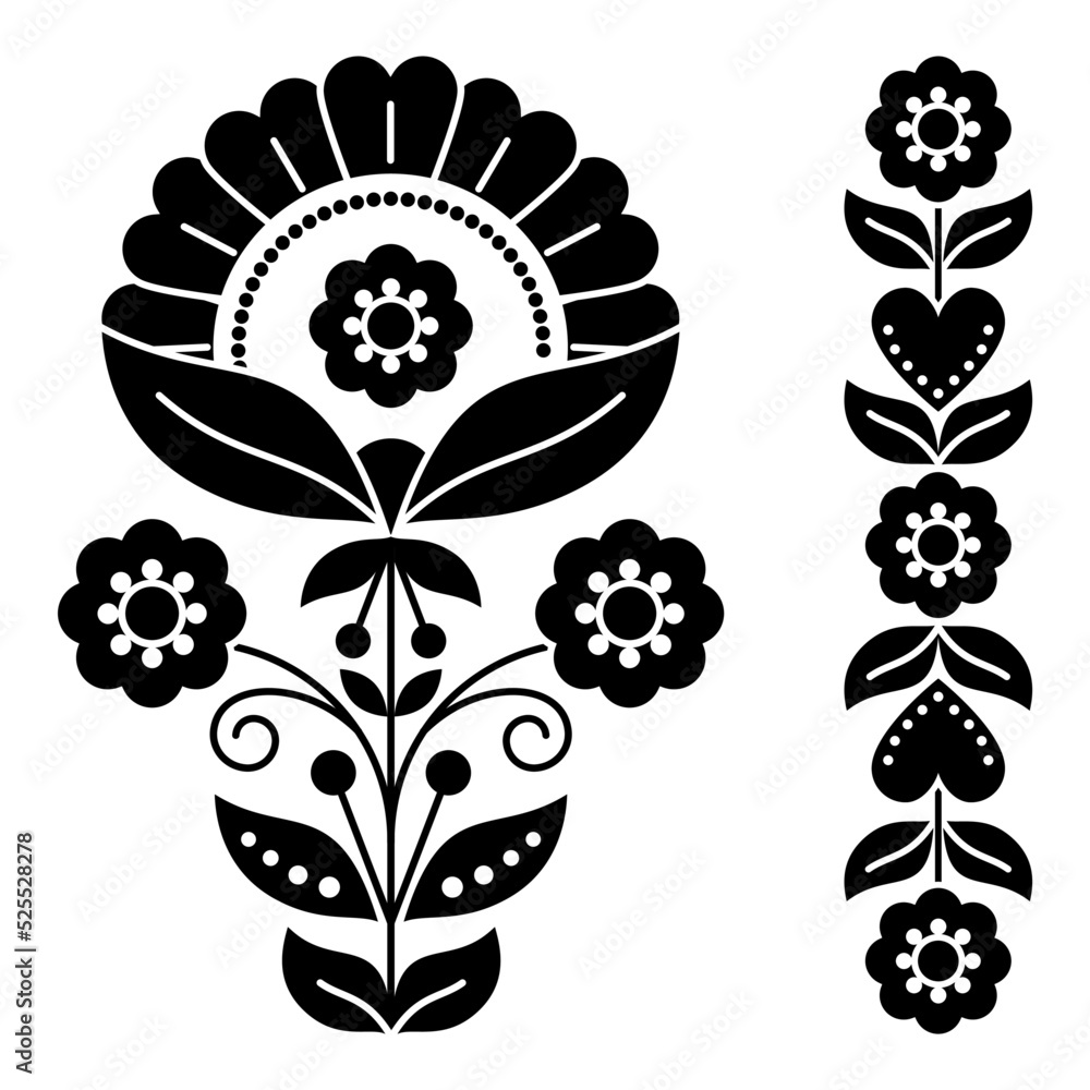 Swedish floral folk art vector design collection in black and white,  Scandinavian patterns with flowers inspired by the traditional embroidery  Stock Vector | Adobe Stock, image size:1000x1000