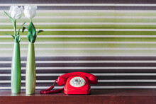Retro Fashioned Phone And Flowers On Table