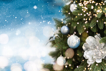 2023 Merry Christmas and New Year holidays background. Blurred bokeh background