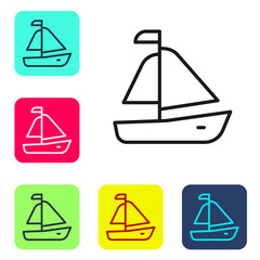 Sticker - Black line Yacht sailboat or sailing ship icon isolated on white background. Sail boat marine cruise travel. Set icons in color square buttons. Vector