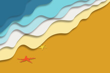 Marine Background. Paper Cut Effect Running Waves On Beach Sand. 3d Illustration
