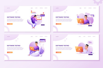 Programming concept set, web coder at work, vector images. Developer programming web site landing page template.