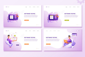 Programming concept set, web coder at work, vector images. Developer programming web site landing page template.