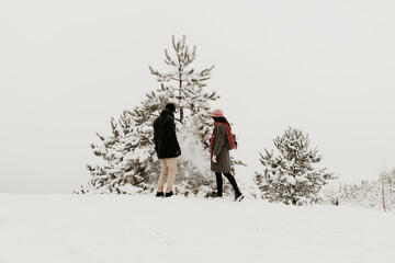 A couple is playing with the snow on a tree in the mountains. Winter outdoor activity. Fun with fresh crispy white snow. Warm clothes, copy space. 