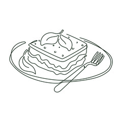 Lasagna on a plate with fork and spinach leaf, vector isolated line art illustration of italian food.