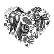 Mysterious forest heart vintage design. Hand drawn waxwing, snail, pool frog, insect, porcini, oak, rowan, forget me not flower, clover, shepherd s purse.