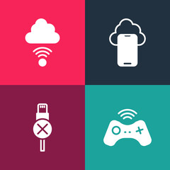 Wall Mural - Set pop art Wireless gamepad, No usb cable cord, Cloud technology data and Network cloud connection icon. Vector