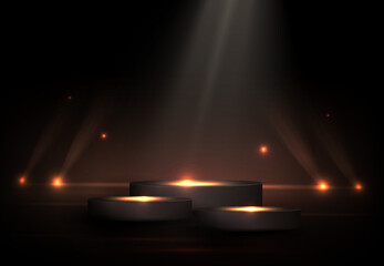 Wall Mural - Round podium with bright lanterns and a beam of light on a black design