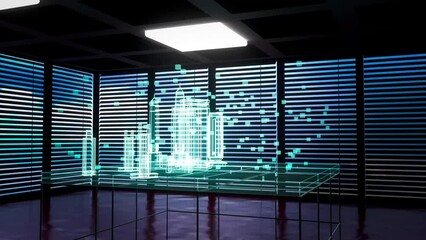 Wall Mural - a city skyscraper simulation as a hologram (3d rendering)