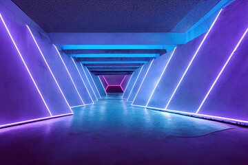 Leinwandbilder - Futuristic neon modern tunnel in cyberpunk style. Concrete road with purple and red glowing neon lights. 3d render