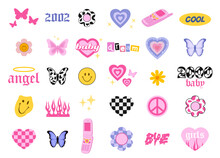 Y2k Style Icons. Glamorous Trendy Doodles Set. 90s And 2000s Style. Vector