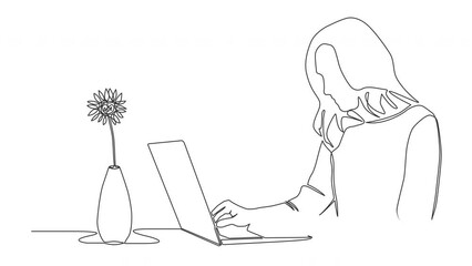 Wall Mural - animated single line drawing of woman using laptop computer, line art animation