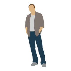 man standing pose with white t-shirt and brown jacket, editable vector 