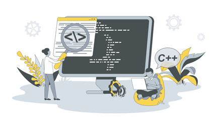 computer programming concept in flat design with people. man and woman write code and scripts, work 