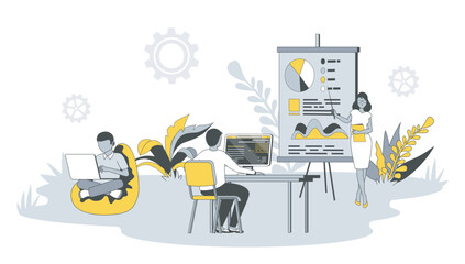 Wall Mural - Coworking office concept in flat design with people. Man and woman work on laptops or computers, discussing and brainstorming in open space. Vector illustration with character scene for web banner