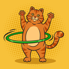 Wall Mural - cat spins a hula hoop workout pop art retro vector illustration. Comic book style imitation.