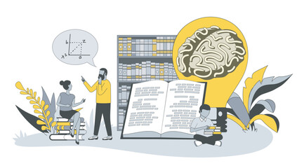 Poster - Knowledge concept in flat design with people. Woman and man read books and textbooks, thinking and discussing, generate ideas, improve skills. Vector illustration with character scene for web banner