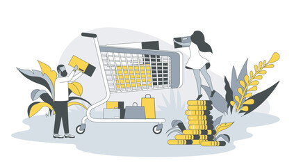 Aufkleber - Retail concept in flat design with people. Man and woman buy goods in supermarket, choose products and puts it in trolley, buy at best prices. Vector illustration with character scene for web banner