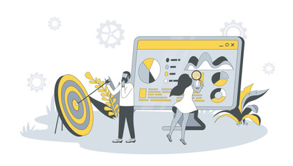 Poster - SEO optimization concept in flat design with people. Man and woman analyze data and keywords, optimizes for popular queries, settings site. Vector illustration with character scene for web banner