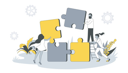 Teamwork concept in flat design with people. Man and women work and construct puzzles, generating new ideas, collaboration and brainstorming. Vector illustration with character scene for web banner