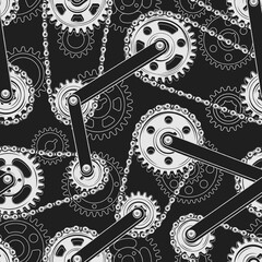 Wall Mural - Seamless monochrome pattern with gears, bike chains, rivets, metal rails, contour gearwheels behind on a dark background. Vector illustration in steampunk style. For T-shirt pattern, textile