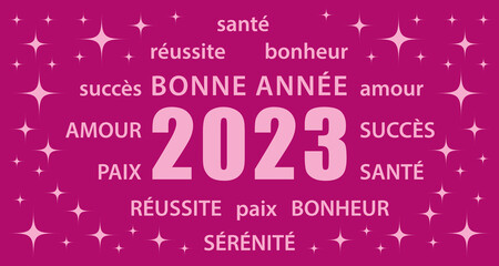 Wall Mural - Bonne année 2023 ! Carte de vœux rose flat design en français. Bannière vectorielle.