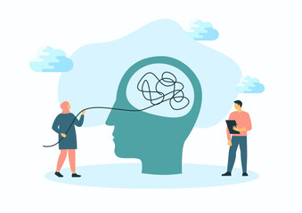 Mental health care treatment vector illustration concept. specialist doctors work to give psychology therapy. Tiny people character. Banner, poster, or media social printing.