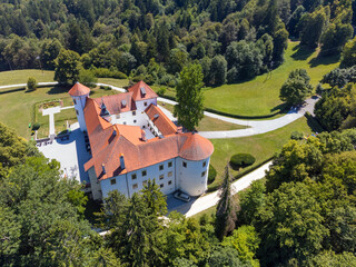 Beautiful aerial drone view of Bogensperk castle, Litija, Slovenia.