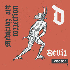 Canvas Print - Devil vector engraving style illustration. Medieval art with blackletter calligraphy.