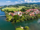 Kostanjevica na Krki Medieval Town Surrounded by Krka River, Slovenia, Europe. Aerial view.