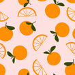Seamless pattern of orange fruit with green leaves on pink background vector.