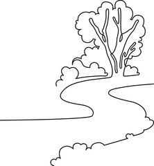 Wall Mural - Landscape park with path and trees. Continuous line drawing illustration. Vector