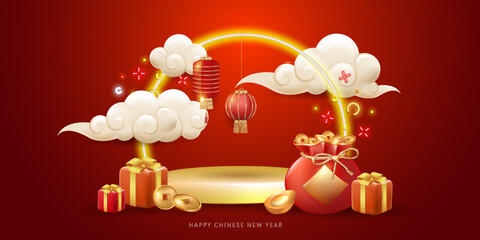 Wall Mural - Podium round stage podium and 3d art Chinese New year, Chinese festivals, Mid-Autumn Festival. Three-dimensional clouds, a Chinese bag with money, a flashlight, gifts.