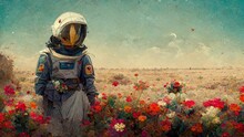 Beautiful Painting Of An Astronaut In In A Field Of Flowers On A Different Planet