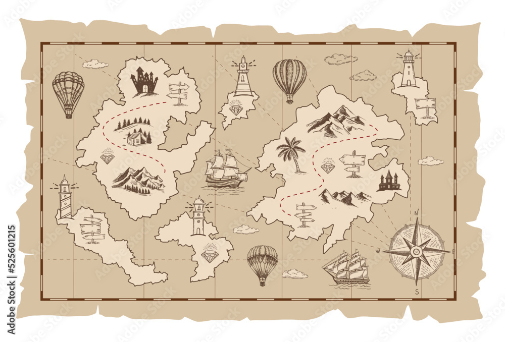 Old treasure map vector sketch. Hand drawn illustrations, vector. Stock ...