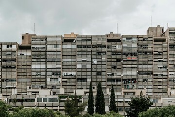 Sticker - Brutalist concrete architecture of a residential area in Split 3 neighborhood in Split, Croatia