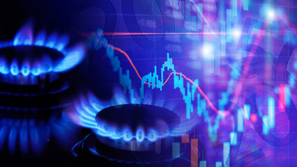 Wall Mural - Natural gas cost growth concept with gas burners and stock charts