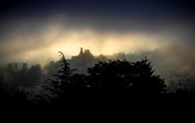 Wall Mural - morning overlooking the church in vernet-les-bains, pyrenes orientales, france