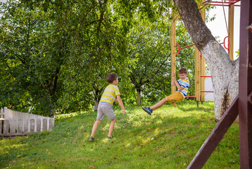 Wall Mural - Two adorable happy little boys is having fun on a rope swing which he has found while having rest outside city. Active leisure time with children