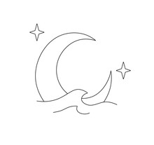 Vector Isolated Crescent Moon Drowning In Water Waves Colorless Black And White Contour Line Drawing
