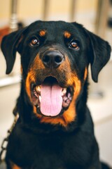 Sticker - Closeup of a beautiful Rottweiler with a happy face looking at the camera