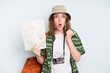 © kues1 - caucasian pretty woman looking astonished in disbelief. backpacker tourist with a map