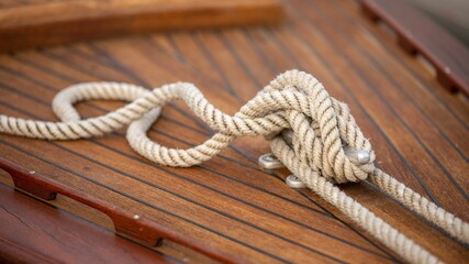 Closeup of a sailing rope on a wooden deck