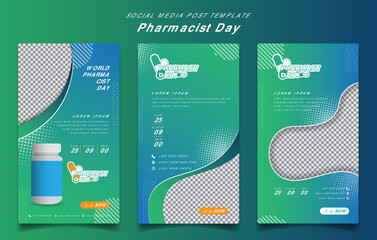 Set of social media template in green and blue background for world pharmacist day campaign design